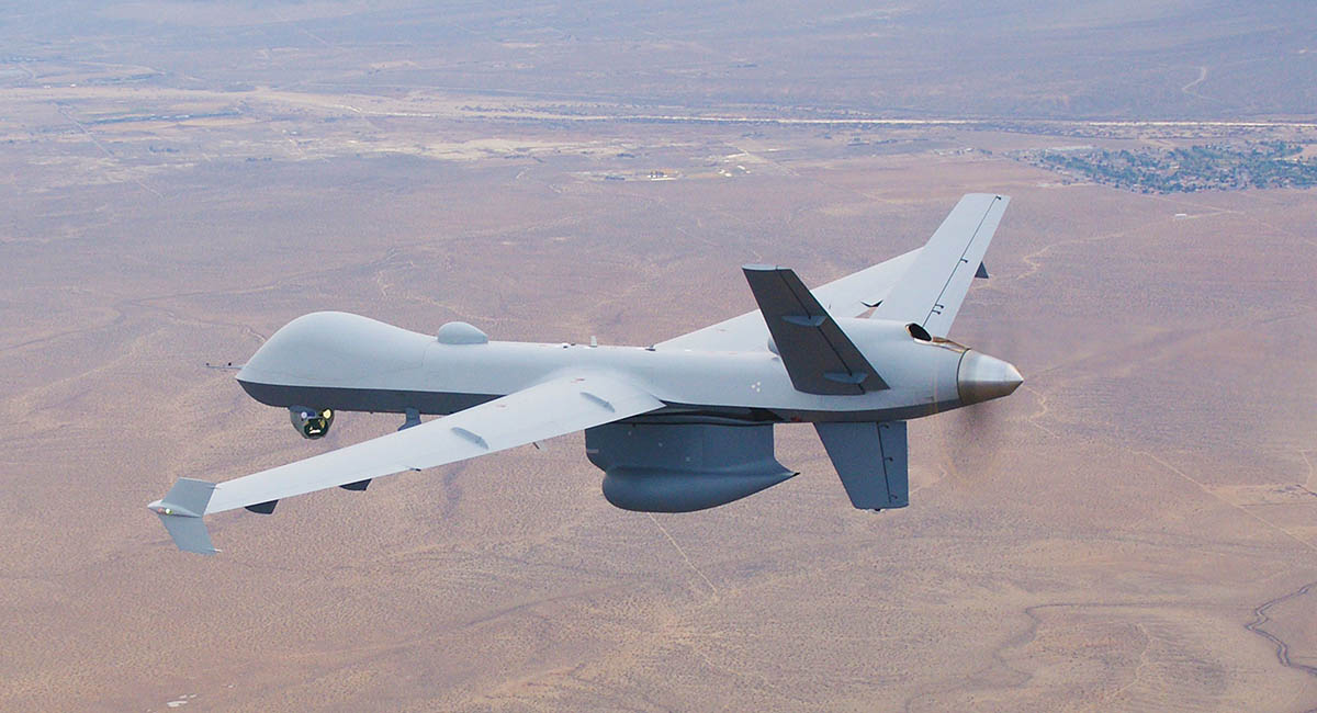 An RQ-1 Predator flies with a Raytheon Multi-Spectral Targeting System and SeaVue sensors. Photo: General Atomics Aeronautical Systems.