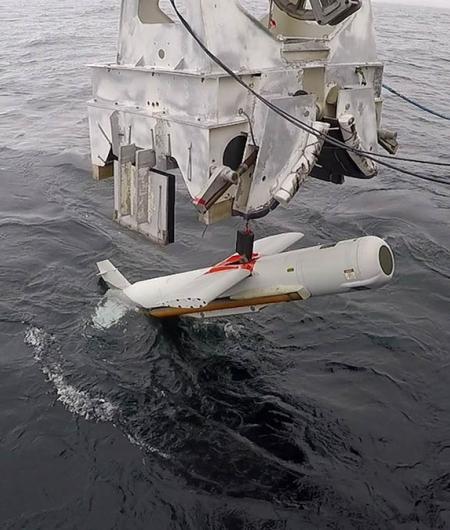 The AQS-20C mine-hunting sonar, shown here being lowered into the Gulf of Mexico, is supported in the FY2020 budget request. Photo: U.S. Navy/Eddie Green