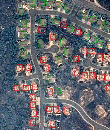 An aerial view of the Carr fire's destruction, which data showing which houses have been destroyed. Photo: Airbus Aerial