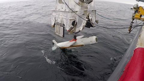 The AQS-20C mine-hunting sonar, shown here being lowered into the Gulf of Mexico, is supported in the FY2020 budget request. Photo: U.S. Navy/Eddie Green