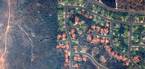 An aerial view of the Carr fire's destruction, which data showing which houses have been destroyed. Photo: Airbus Aerial